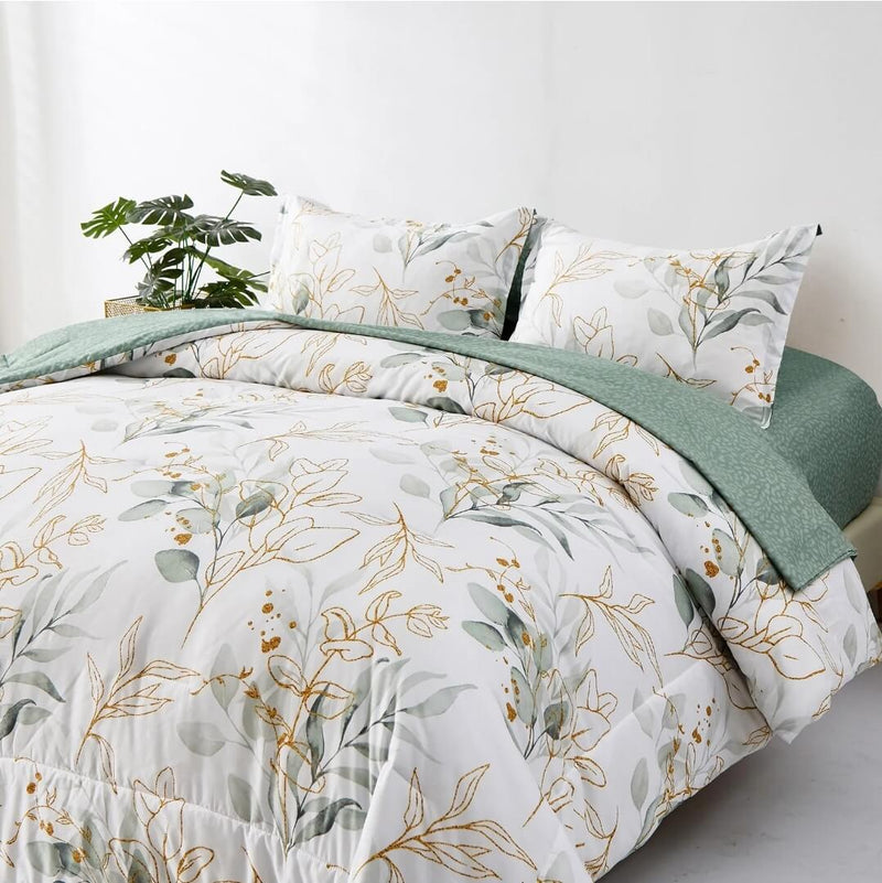 Bamboo Green Comforter Set-Floral Quilt Set (3Pcs)