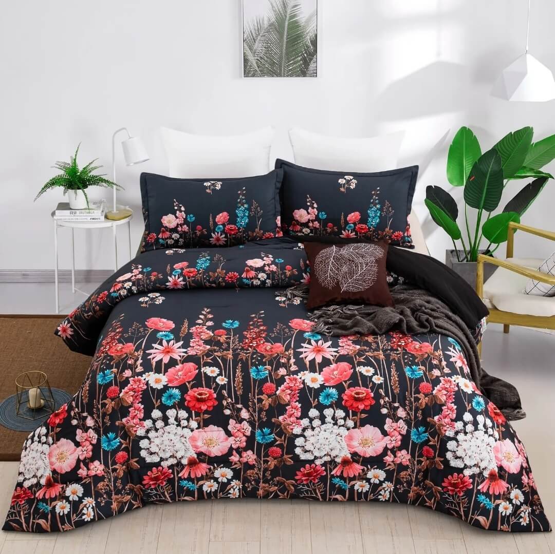 Black Floral Comforter Set Quilt Set 3pcs