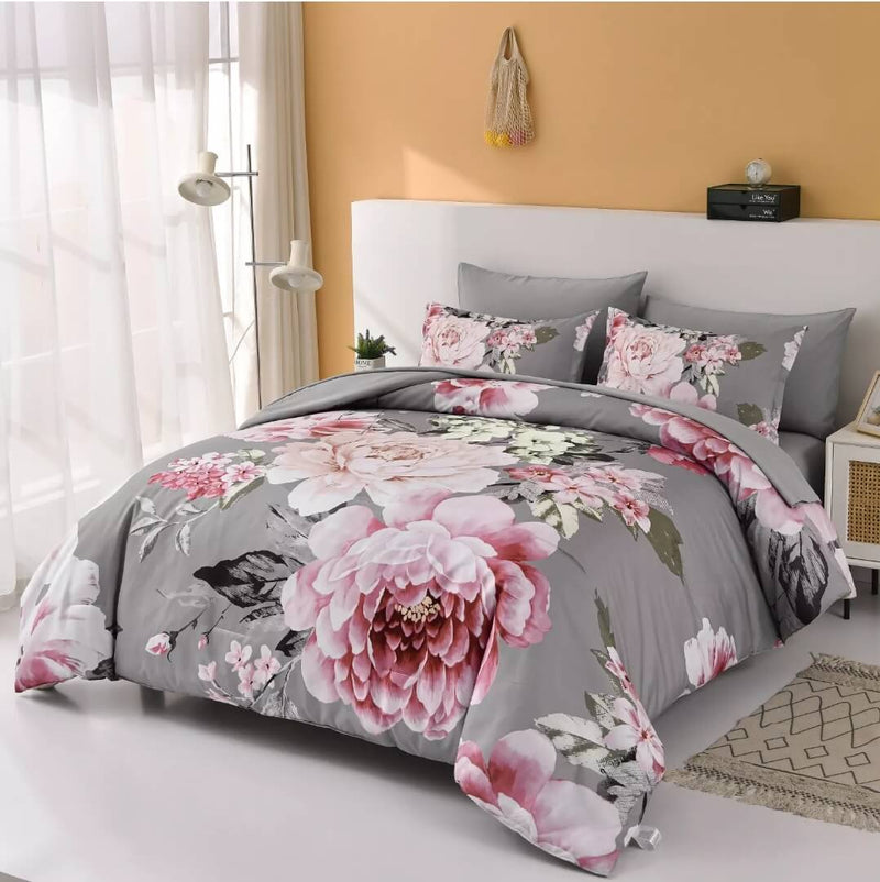 Grey Base Floral Quilt Cover - Ultra Soft Donna/Duvet Cover Set 2xPillowcases