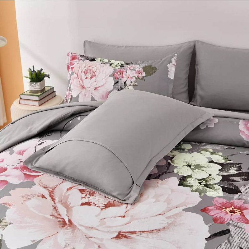 Grey Base Floral Quilt Cover - Ultra Soft Donna/Duvet Cover Set 2xPillowcases