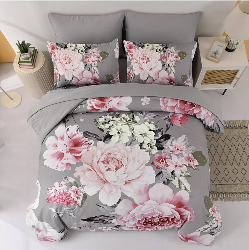 Grey Base Floral Quilt Cover - Ultra Soft Donna/Duvet Cover Set 2xPillowcases