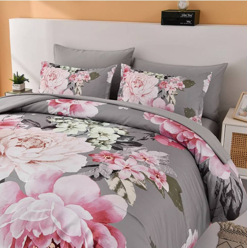 Grey Base Floral Quilt Cover - Ultra Soft Donna/Duvet Cover Set 2xPillowcases