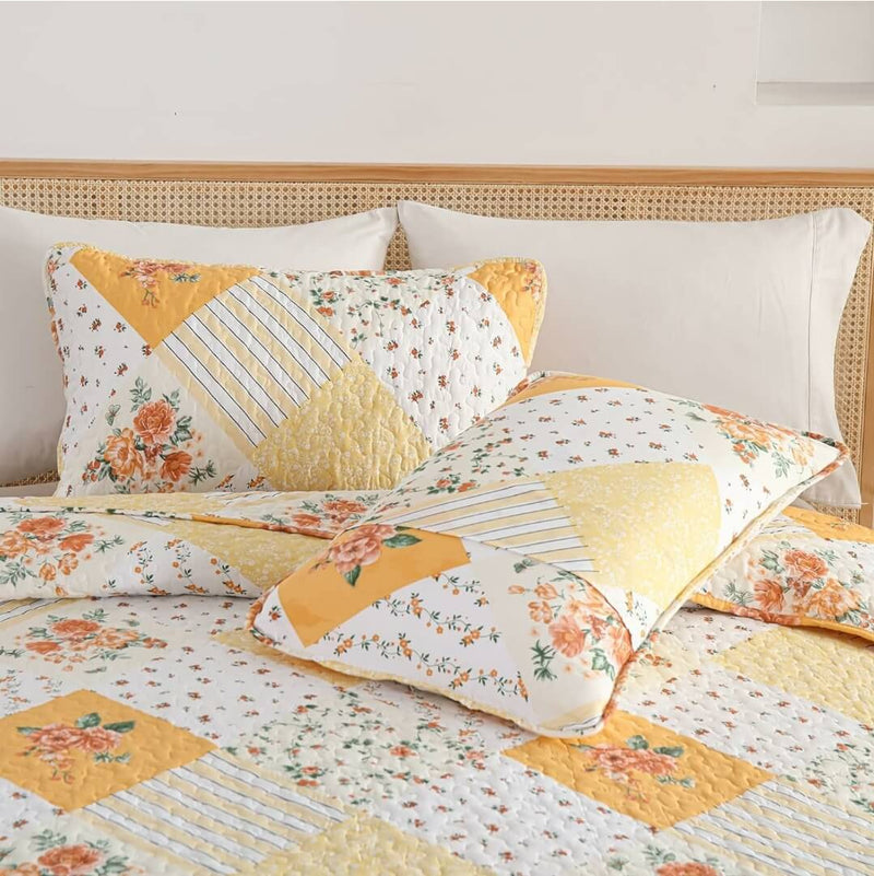 Bright Yellow Patchwork Bedspread Set-3 Piece Vibrant Quilted Coverlet