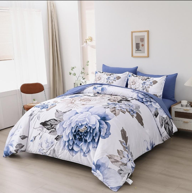 Blue Floral Quilt Cover - Ultra Soft Donna/Duvet Cover Set 2xPillowcases