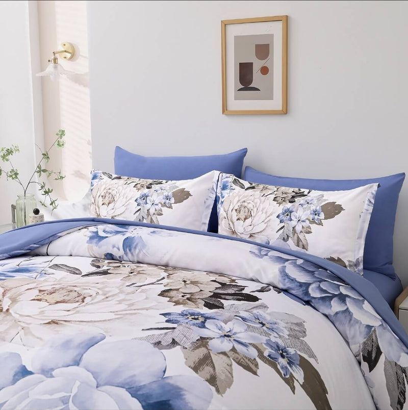 Blue Floral Quilt Cover - Ultra Soft Donna/Duvet Cover Set 2xPillowcases