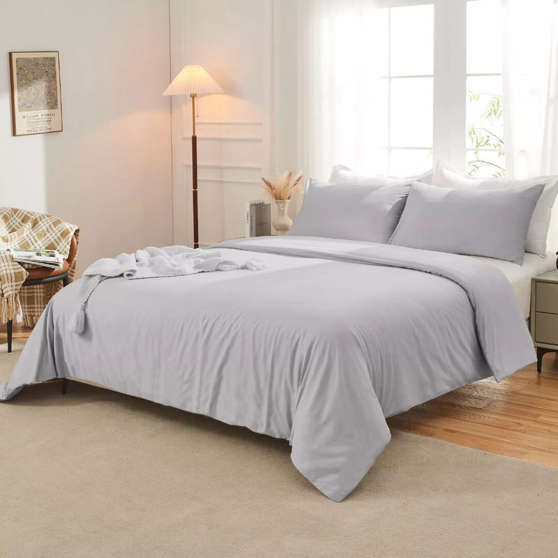 100% Pure Cotton Quilt Cover-Ultra Soft Duvet Cover Set 2xPillowcases (Grey)