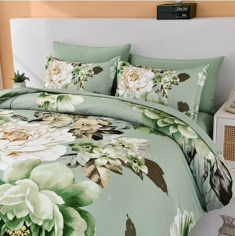 Light Green Flower Quilt Cover - Ultra Soft Donna/Duvet Cover Set 2xPillowcases