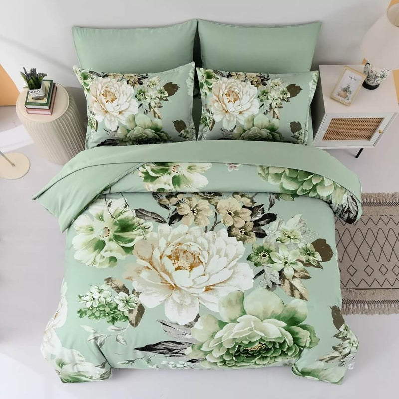 Light Green Flower Quilt Cover - Ultra Soft Donna/Duvet Cover Set 2xPillowcases