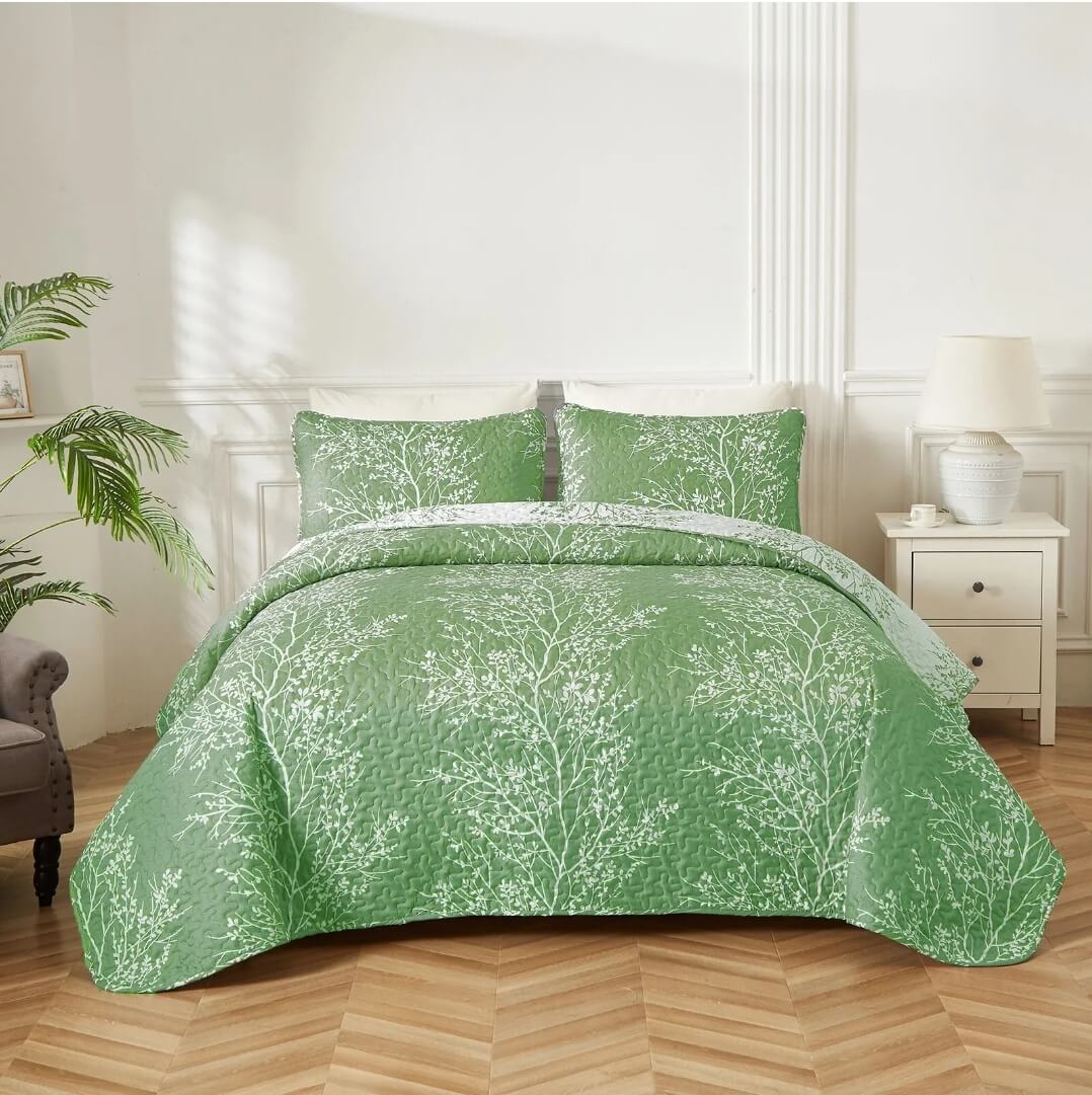 Green Floral Coverlet SetFloral Quilted Bedspread Sets (3Pcs) The