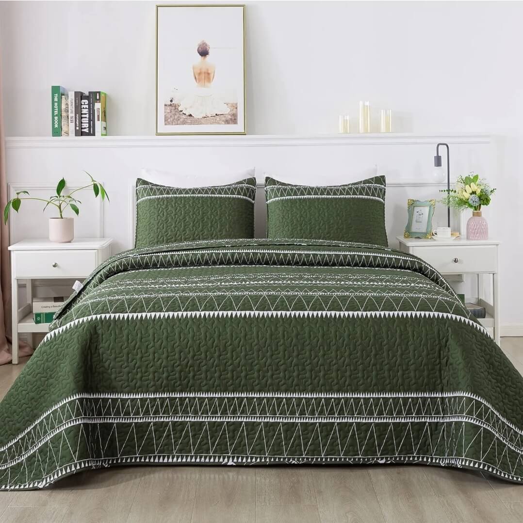 Dark Green Striped Quilted Bedspread Coverlet Sets (3Pcs) The Bed Linen
