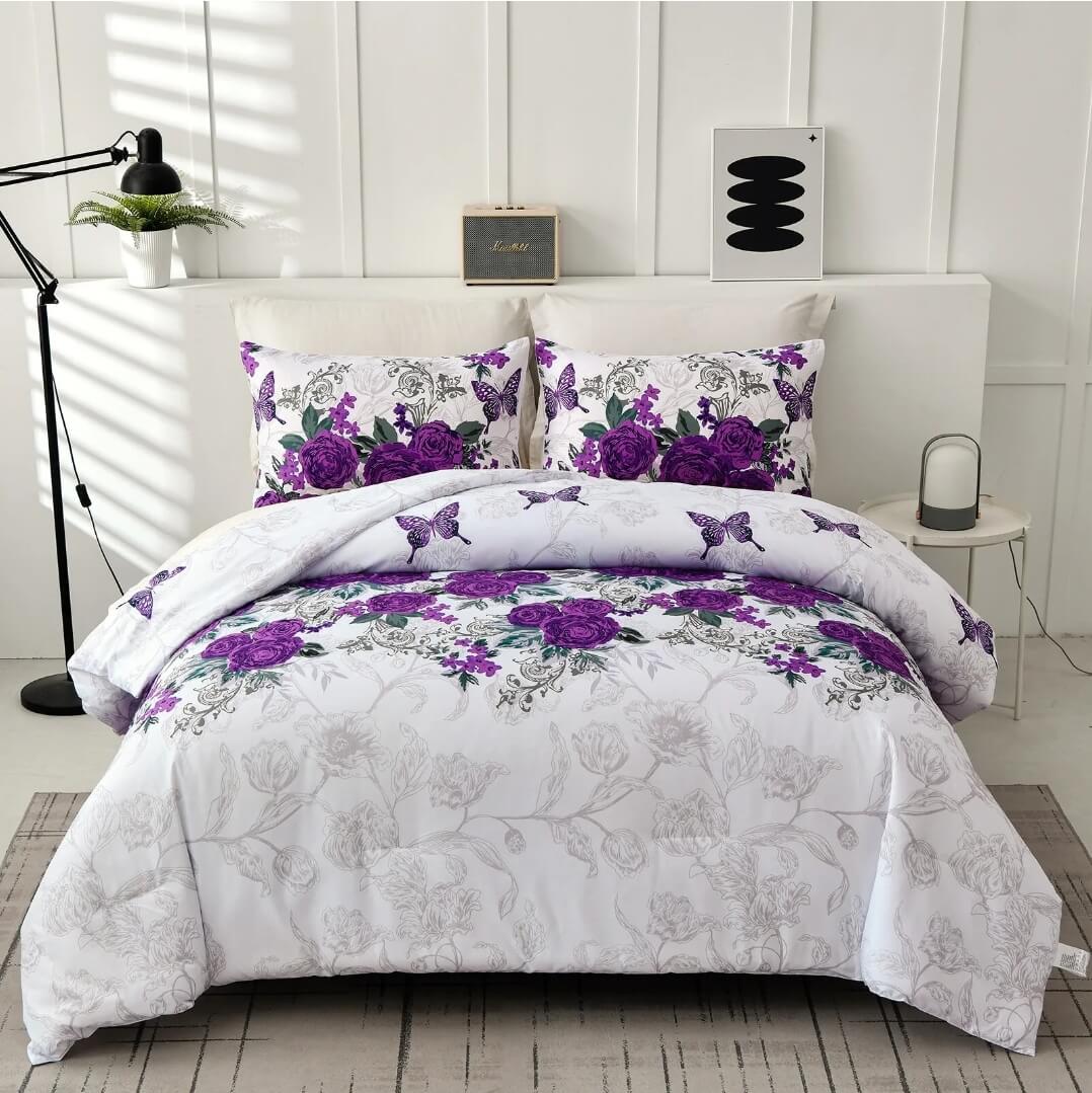 Purple Floral Style Comforter SetQuilt Set (3Pcs) The Bed Linen