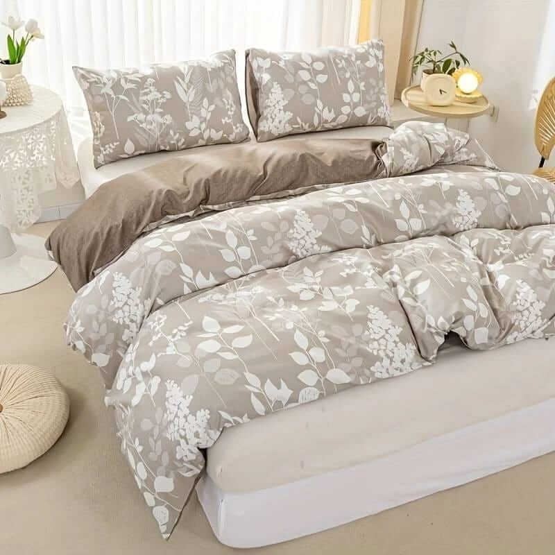 Beige Base Botanical Quilt Cover - Ultra Soft Donna/Duvet Cover Set 2xPillowcases