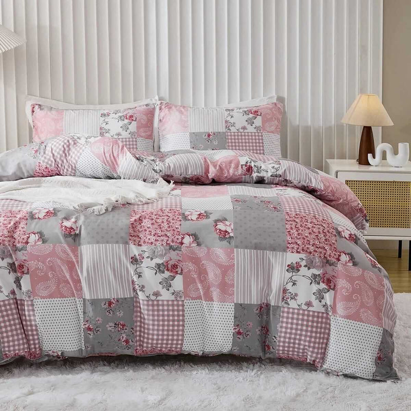 Pink Floral Patchwork Quilt Cover - Ultra Soft Donna/Duvet Cover Set 2xPillowcases