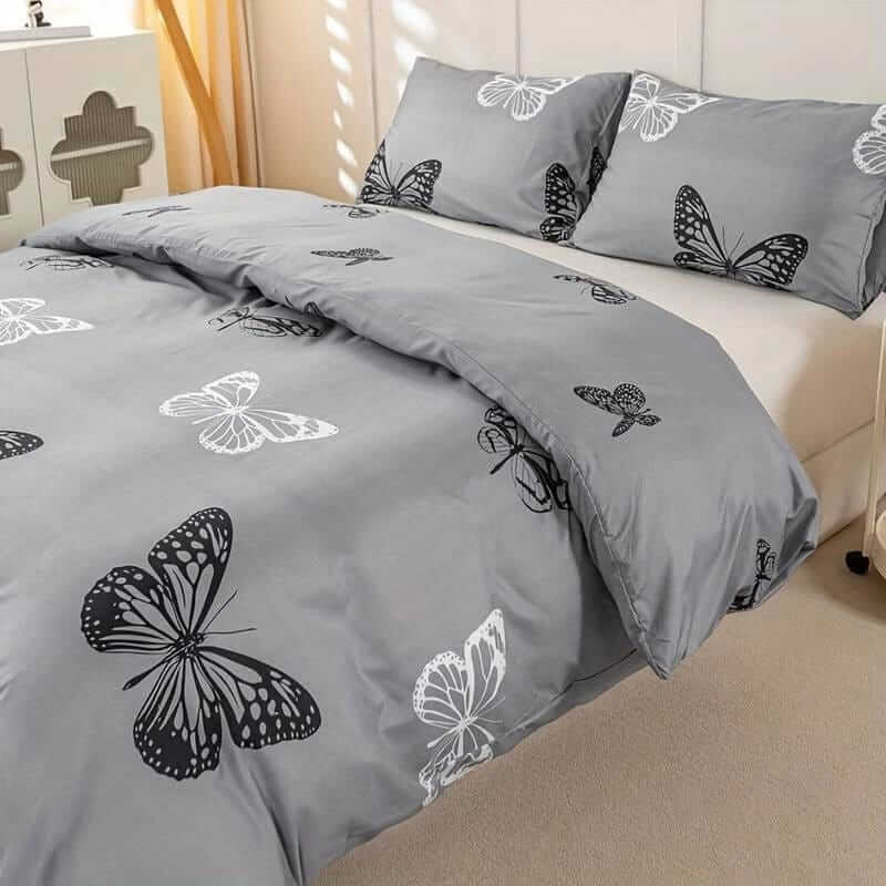 Grey Base Butterfly Design Quilt Cover - Ultra Soft Donna/Duvet Cover Set 2xPillowcases