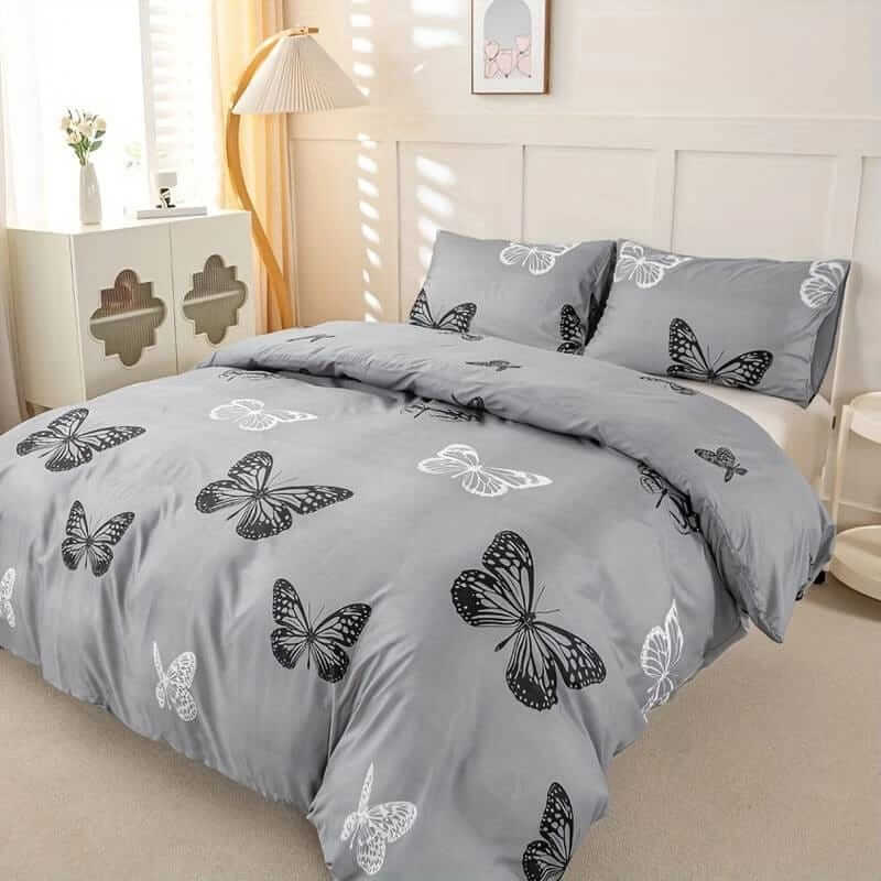 Grey Base Butterfly Design Quilt Cover - Ultra Soft Donna/Duvet Cover Set 2xPillowcases