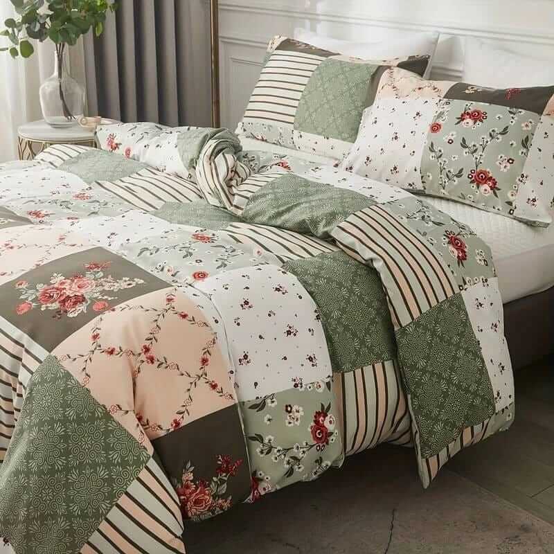 Green & Beige Patchwork Quilt Cover - Ultra Soft Donna/Duvet Cover Set 2xPillowcases