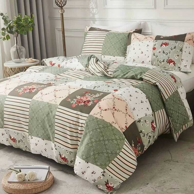 Green & Beige Patchwork Quilt Cover - Ultra Soft Donna/Duvet Cover Set 2xPillowcases