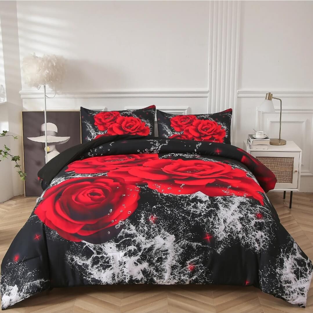 Red Flower Comforter SetFloral Quilt Set (3Pcs) The Bed Linen