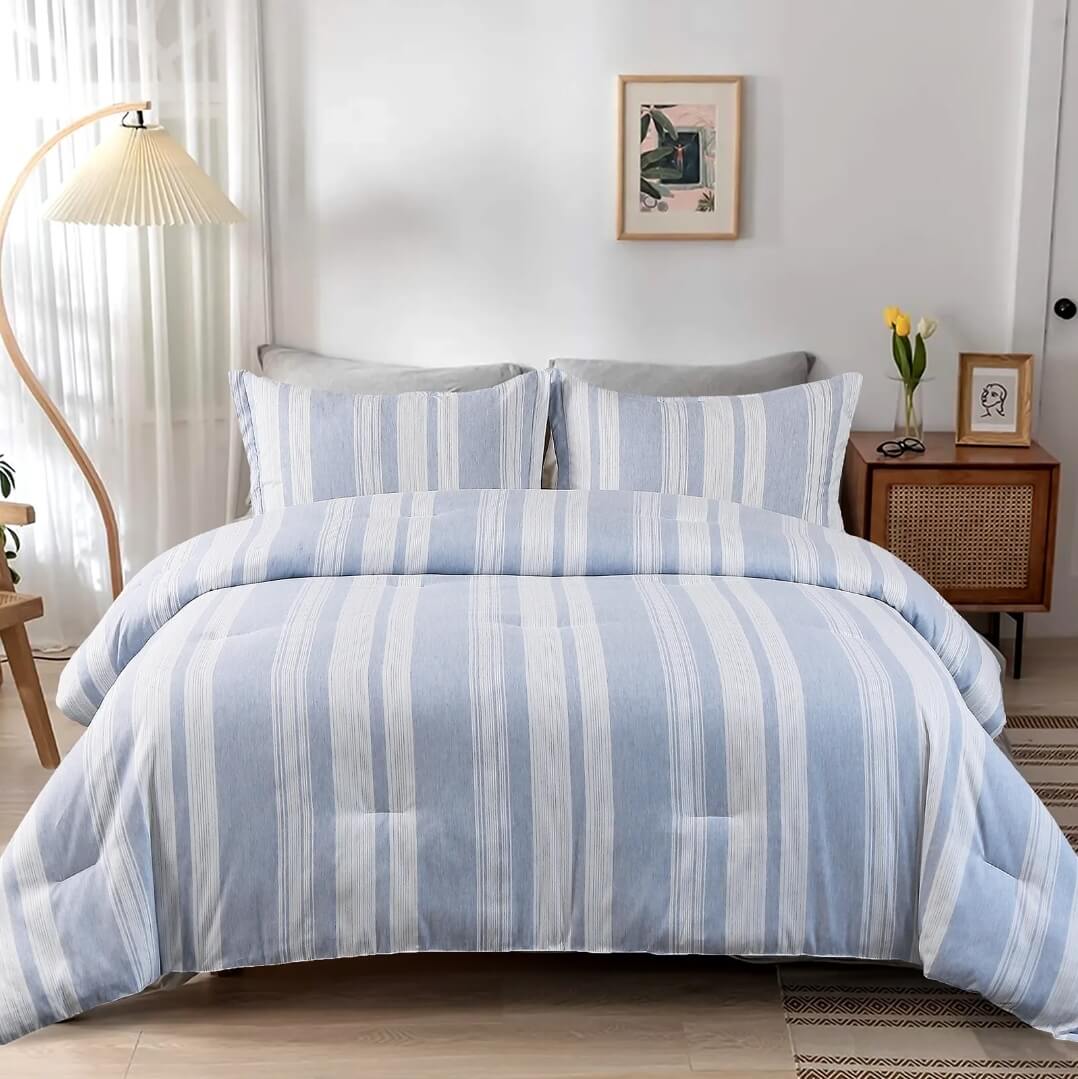 Sky Blue Striped Comforter SetQuilt Set (3Pcs) The Bed Linen