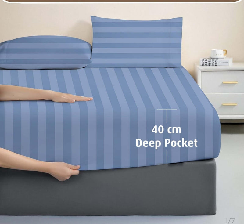 1200TC Bed Sheet Set - Damask Stripe Cotton Flat Sheet (Striped Blue)