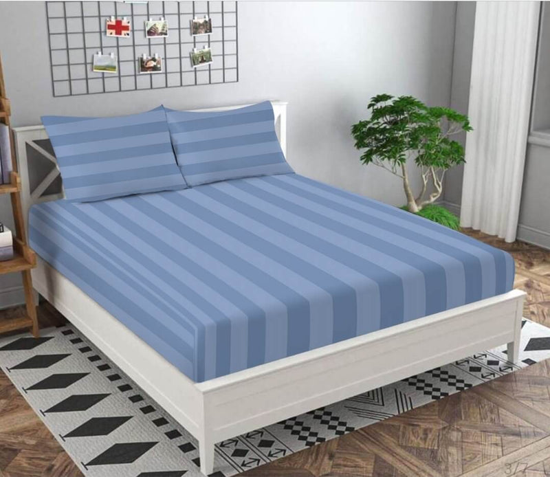 1200TC Bed Sheet Set - Damask Stripe Cotton Flat Sheet (Striped Blue)
