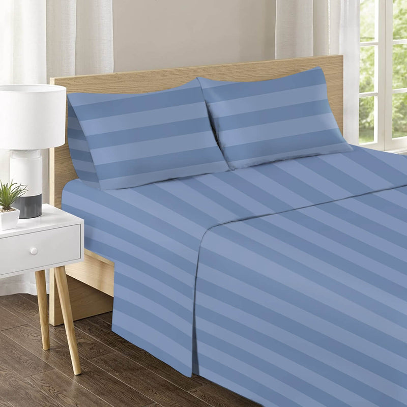 1200TC Bed Sheet Set - Damask Stripe Cotton Flat Sheet (Striped Blue)