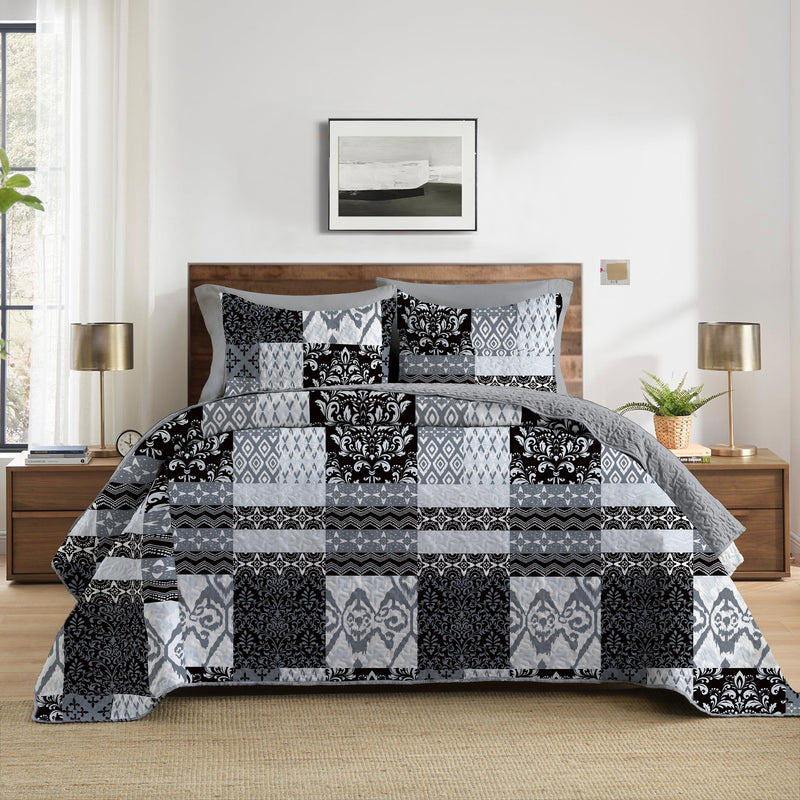 Bedding set with geometric pattern on a bed in a bedroom setting