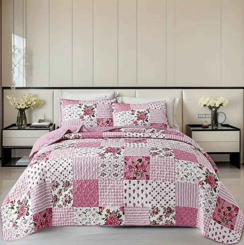 Pink Rose Patchwork Pattern Quilted Bedspread Coverlet Sets (3Pcs)