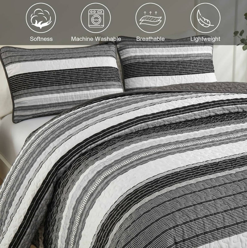 2025 Striped Grey Coverlet Set-Quilted Bedspread Sets (3Pcs)