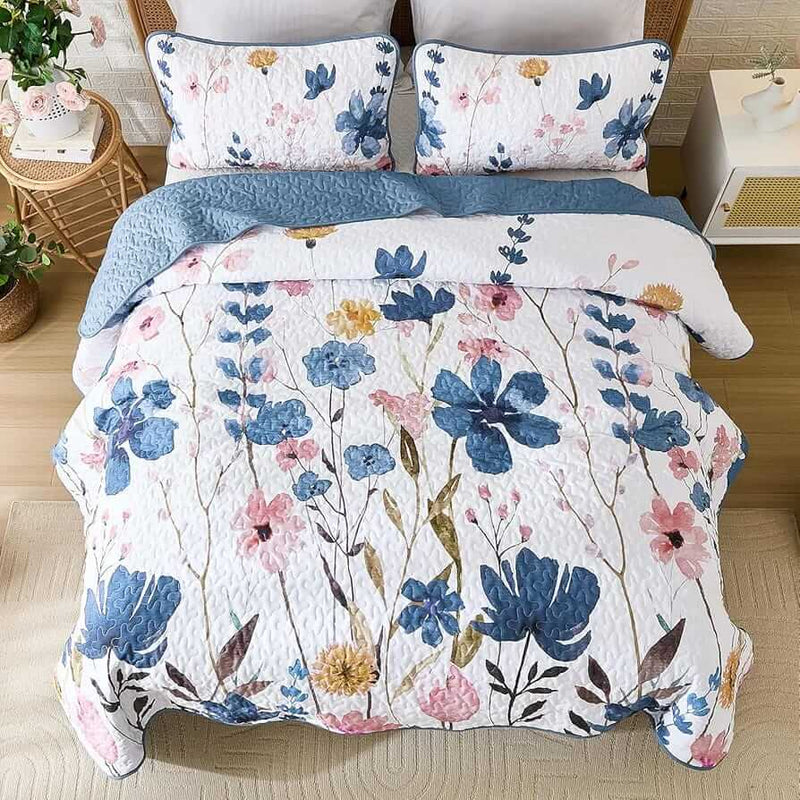 Floral Patterned Coverlet Set-Quilted Bedspread Sets (3Pcs)