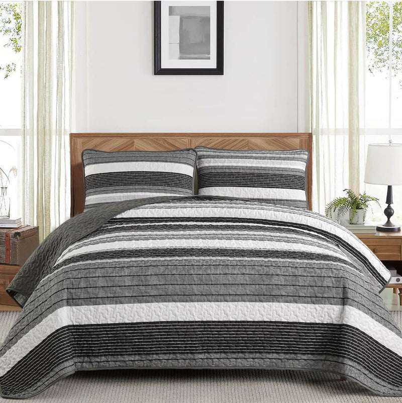 2025 Striped Grey Coverlet Set-Quilted Bedspread Sets (3Pcs)