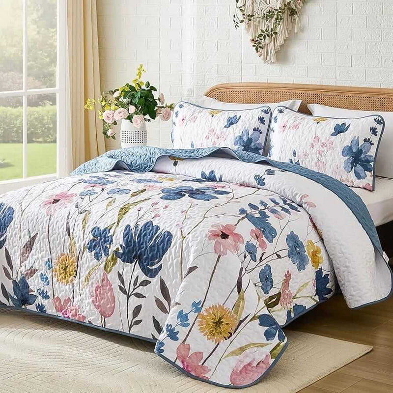 Floral Patterned Coverlet Set-Quilted Bedspread Sets (3Pcs)