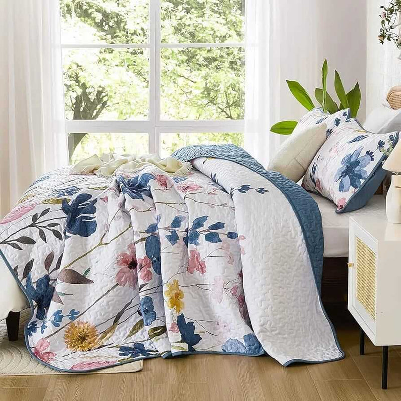 Floral Patterned Coverlet Set-Quilted Bedspread Sets (3Pcs)