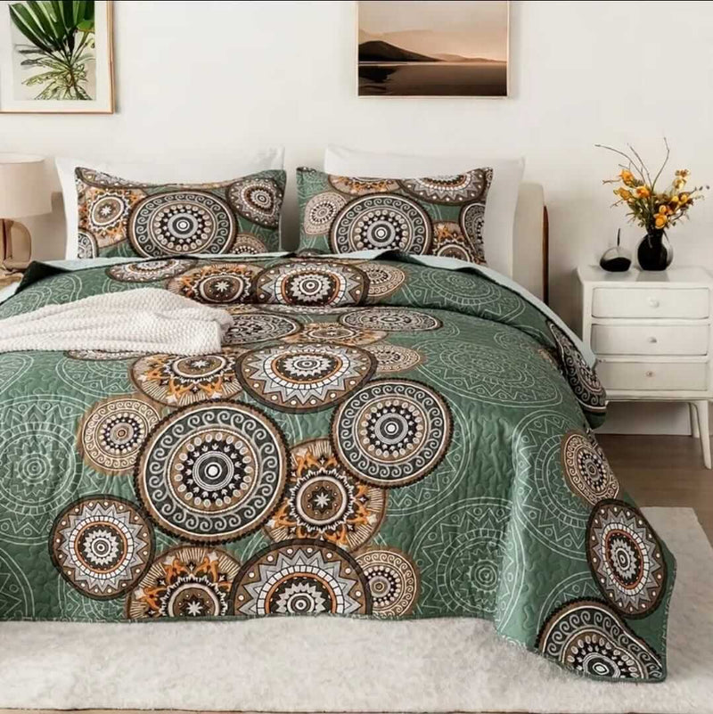 Mandala Green & Brown Tribal Quilted Bedspread Coverlet Set (3 Pcs)