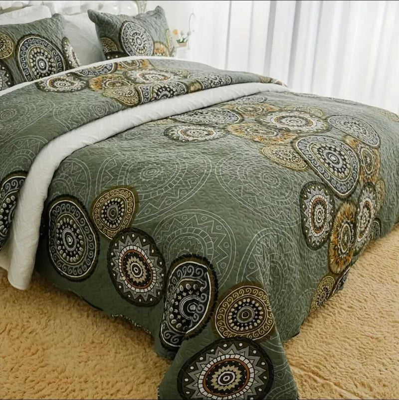 Mandala Green & Brown Tribal Quilted Bedspread Coverlet Set (3 Pcs)