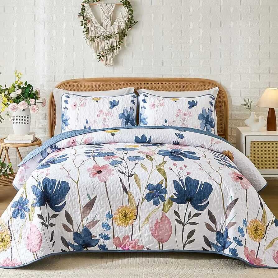 Floral Patterned Coverlet Set-Quilted Bedspread Sets (3Pcs)