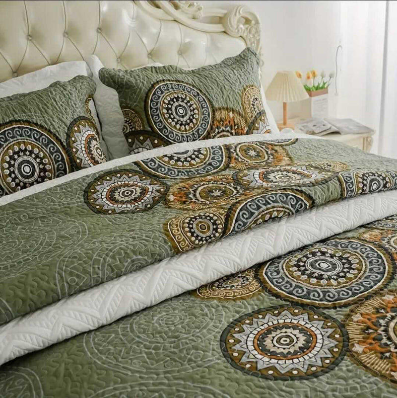 Mandala Green & Brown Tribal Quilted Bedspread Coverlet Set (3 Pcs)