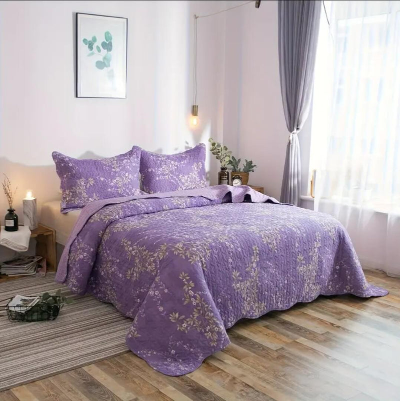 Purple Base Floral Quilted Bedspread Coverlet Sets (3Pcs)