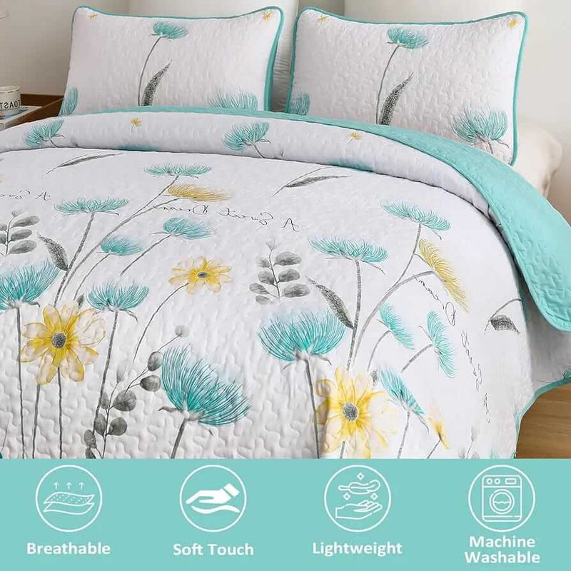 Floral patterned comforter set on a bed in a bedroom setting