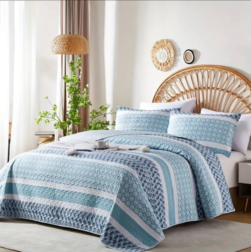 Sky Blue Geometric Coverlet Set-Quilted Bedspread Sets (3Pcs)
