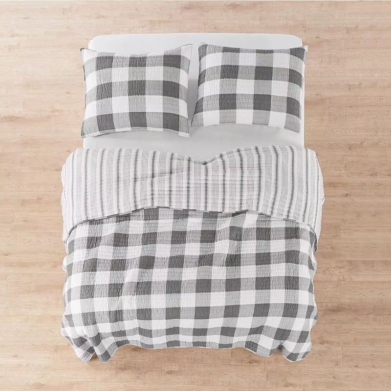 Grey Plaid 100% Cotton Bedspread Set-260 GSM Reversible Coverlet Set