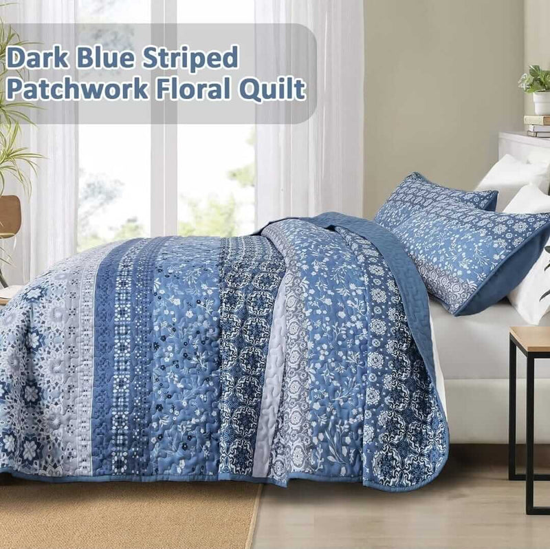 Blue Moroccan Geometric Quilted Bedspread Coverlet Set (3Pcs)
