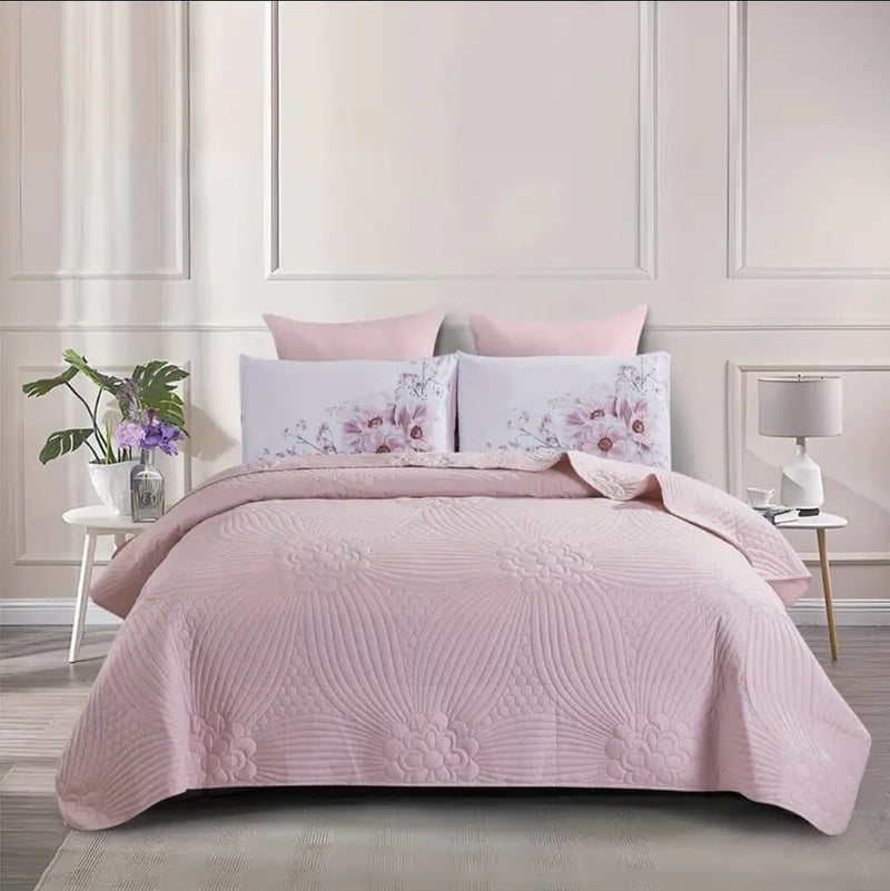 2025 Pink Base Floral Quilted Bedspread Coverlet Sets (3Pcs)