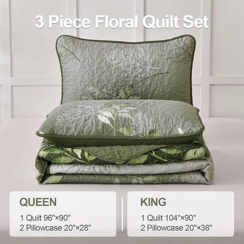 Green Leaf Floral Quilted Bedspread Coverlet Sets (3Pcs)