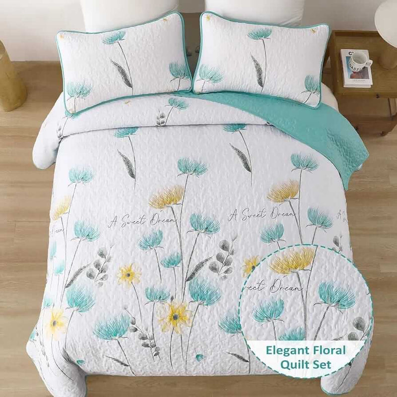 Floral patterned comforter set on a bed in a bedroom setting