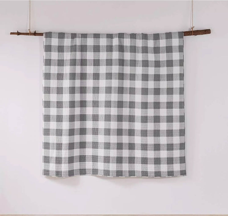 Grey Plaid 100% Cotton Bedspread Set-260 GSM Reversible Coverlet Set