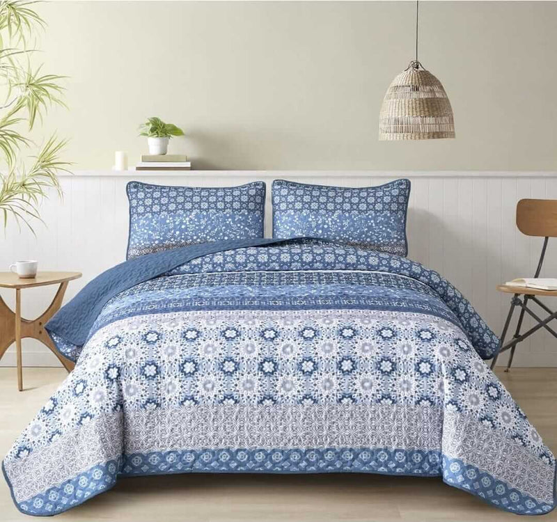 Blue Moroccan Geometric Quilted Bedspread Coverlet Set (3Pcs)