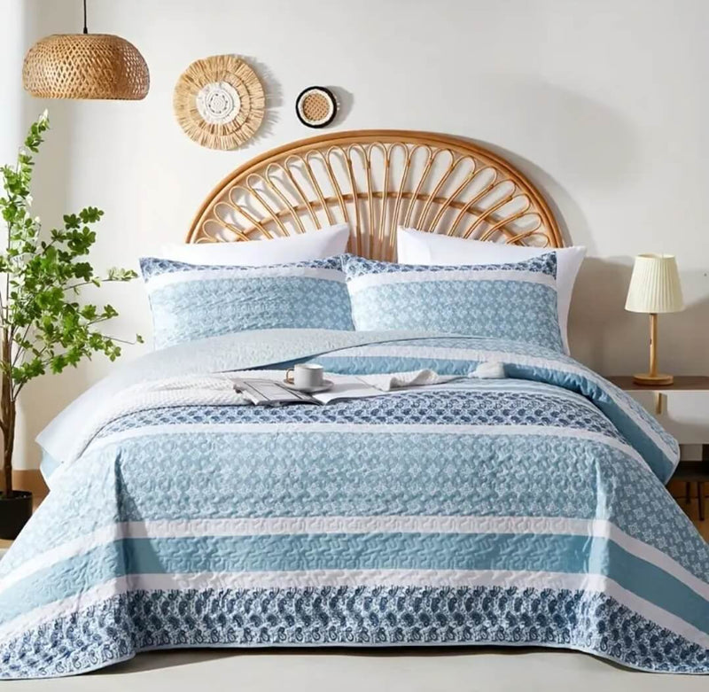 Sky Blue Geometric Coverlet Set-Quilted Bedspread Sets (3Pcs)