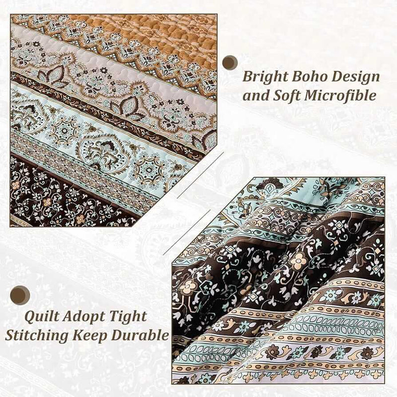 Bed with patterned quilt and pillows in a bedroom setting