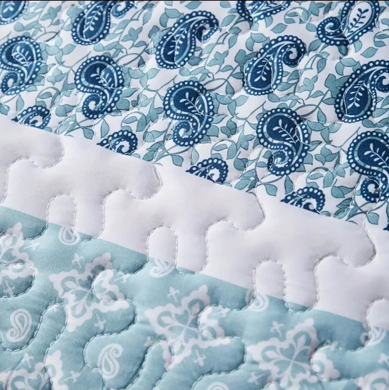 Sky Blue Geometric Coverlet Set-Quilted Bedspread Sets (3Pcs)